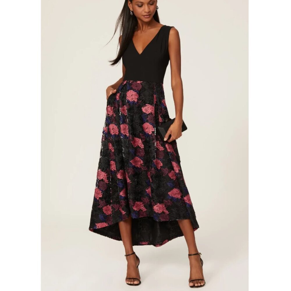 Hutch V-Neck Black and Pink Floral Midi Dress